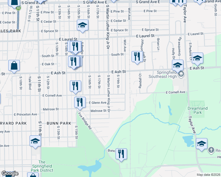 map of restaurants, bars, coffee shops, grocery stores, and more near 1751-1799 East Cornell Avenue in Springfield