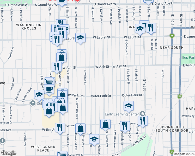 map of restaurants, bars, coffee shops, grocery stores, and more near 2101-2133 Holmes Avenue in Springfield