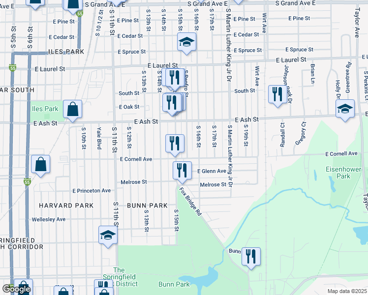 map of restaurants, bars, coffee shops, grocery stores, and more near 2181 South 15th Street in Springfield