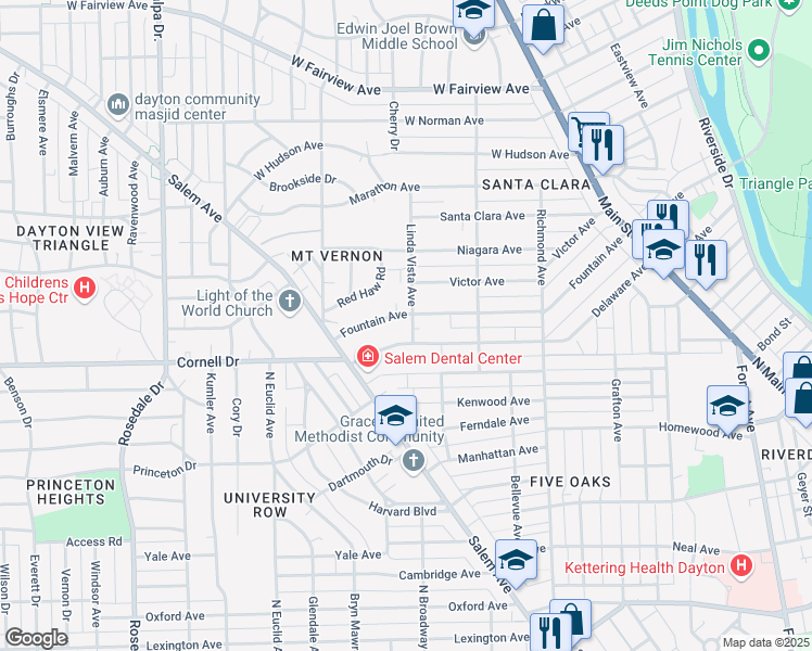 map of restaurants, bars, coffee shops, grocery stores, and more near 1017 Linda Vista Avenue in Dayton