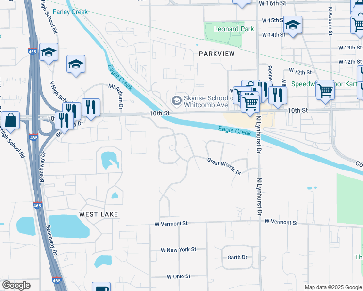 map of restaurants, bars, coffee shops, grocery stores, and more near 5537 Crown Woods Circle in Indianapolis
