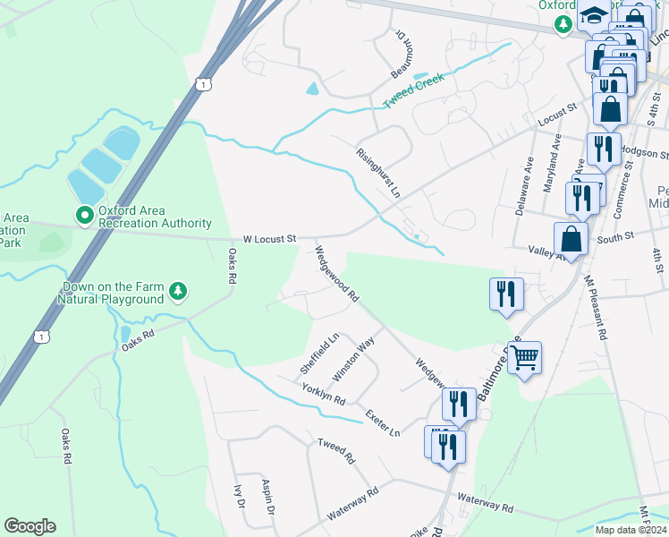 map of restaurants, bars, coffee shops, grocery stores, and more near 107 Wedgewood Road in Oxford