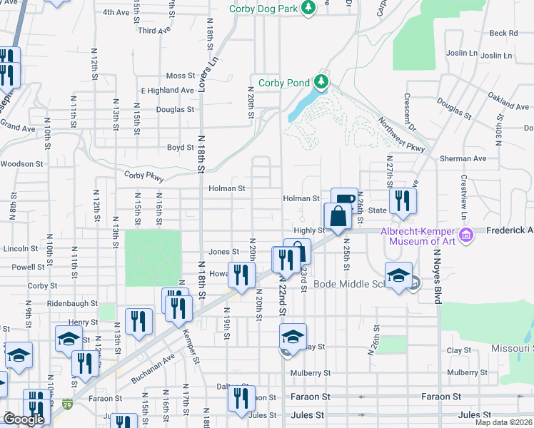 map of restaurants, bars, coffee shops, grocery stores, and more near 1102 North 22nd Street in Saint Joseph