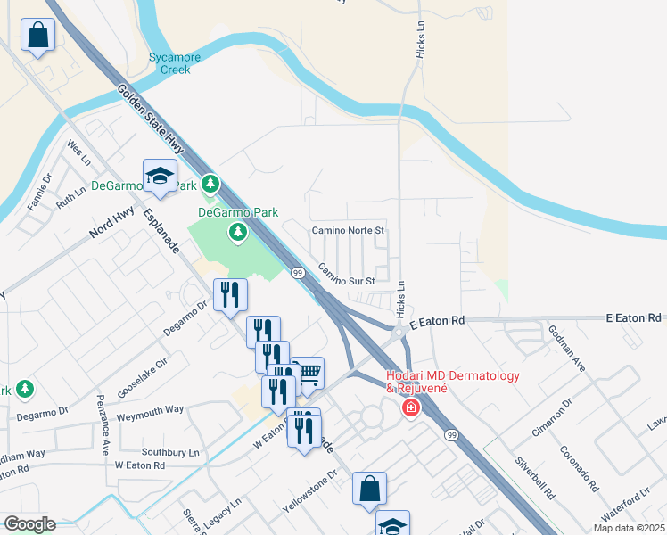 map of restaurants, bars, coffee shops, grocery stores, and more near 3537 Vía Medio in Chico