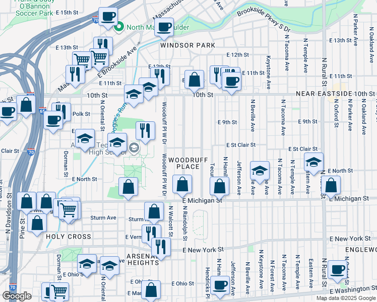 map of restaurants, bars, coffee shops, grocery stores, and more near 696 Woodruff Place Middle Drive in Indianapolis