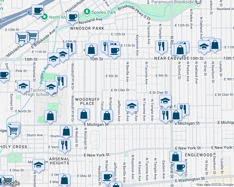 map of restaurants, bars, coffee shops, grocery stores, and more near 620 Jefferson Avenue in Indianapolis