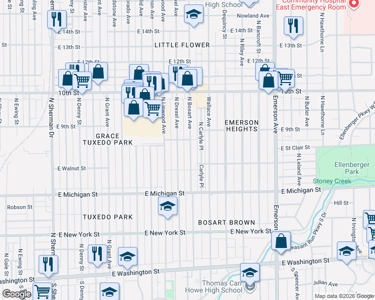 map of restaurants, bars, coffee shops, grocery stores, and more near 730 North Bosart Avenue in Indianapolis