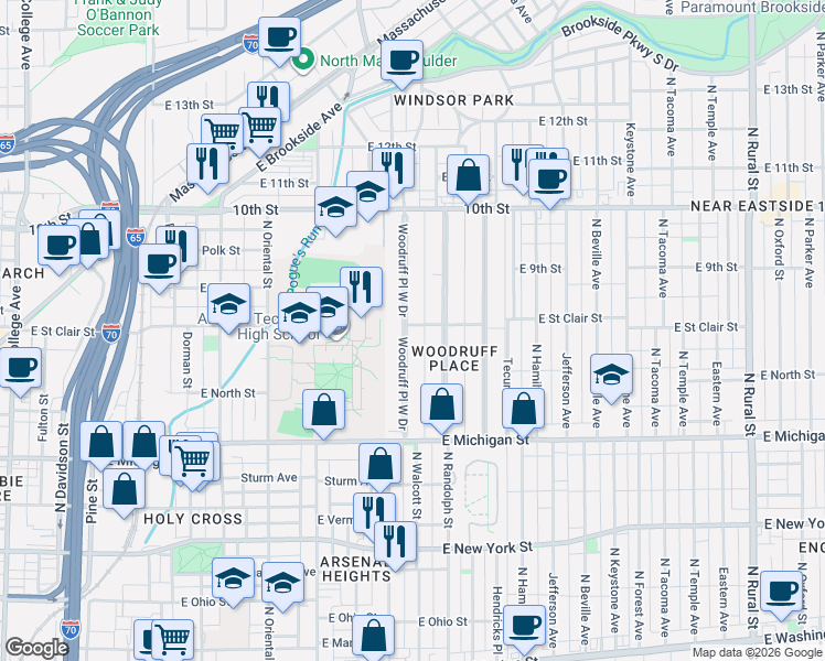 map of restaurants, bars, coffee shops, grocery stores, and more near 701 Woodruff Place West Drive in Indianapolis