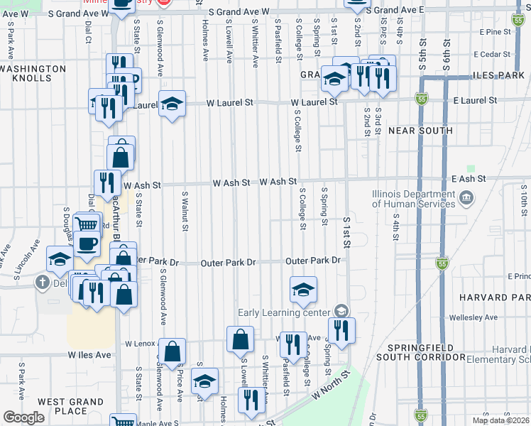 map of restaurants, bars, coffee shops, grocery stores, and more near 2152 South Whittier Avenue in Springfield