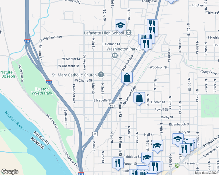 map of restaurants, bars, coffee shops, grocery stores, and more near 1416 North 3rd Street in Saint Joseph