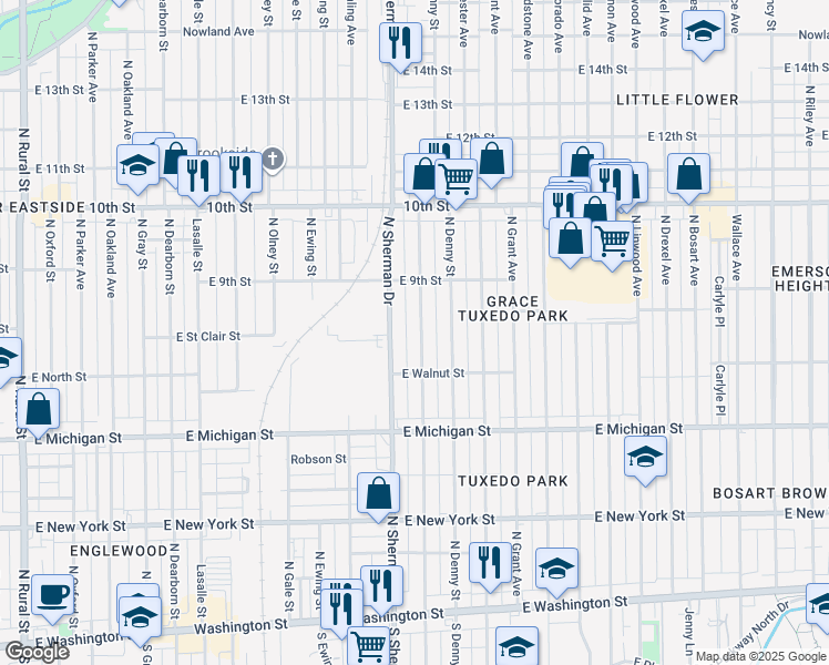 map of restaurants, bars, coffee shops, grocery stores, and more near 742 North Bradley Avenue in Indianapolis