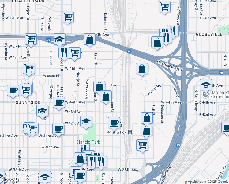 map of restaurants, bars, coffee shops, grocery stores, and more near 4421 Inca Street in Denver
