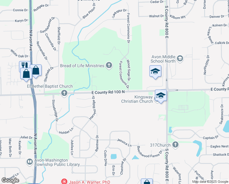 map of restaurants, bars, coffee shops, grocery stores, and more near 7588 East County Road 100 North in Avon