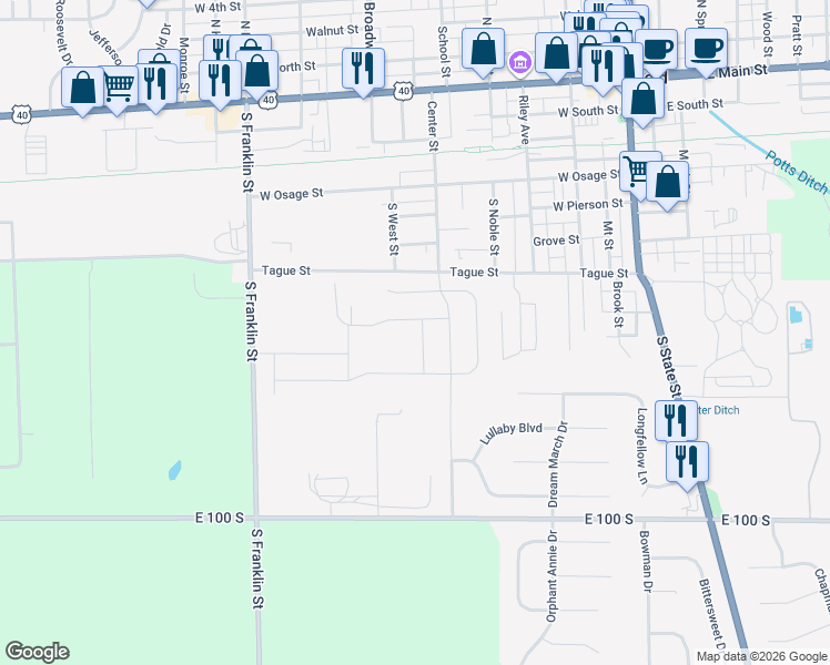 map of restaurants, bars, coffee shops, grocery stores, and more near 734 Center Street in Greenfield