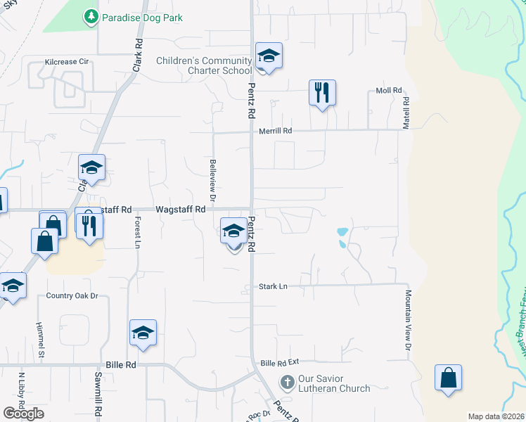 map of restaurants, bars, coffee shops, grocery stores, and more near 6638 Pentz Road in Paradise