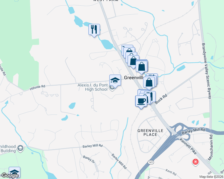 map of restaurants, bars, coffee shops, grocery stores, and more near 50 Hillside Road in Wilmington