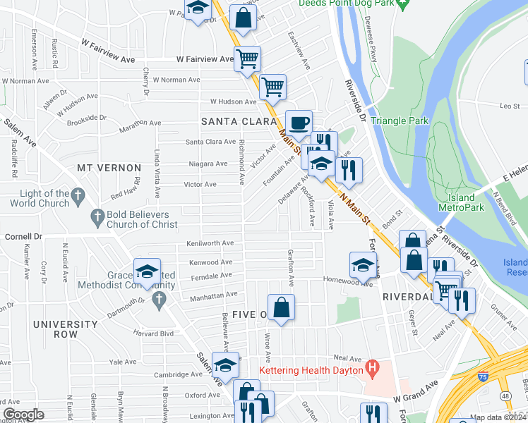 map of restaurants, bars, coffee shops, grocery stores, and more near 245 Delaware Avenue in Dayton