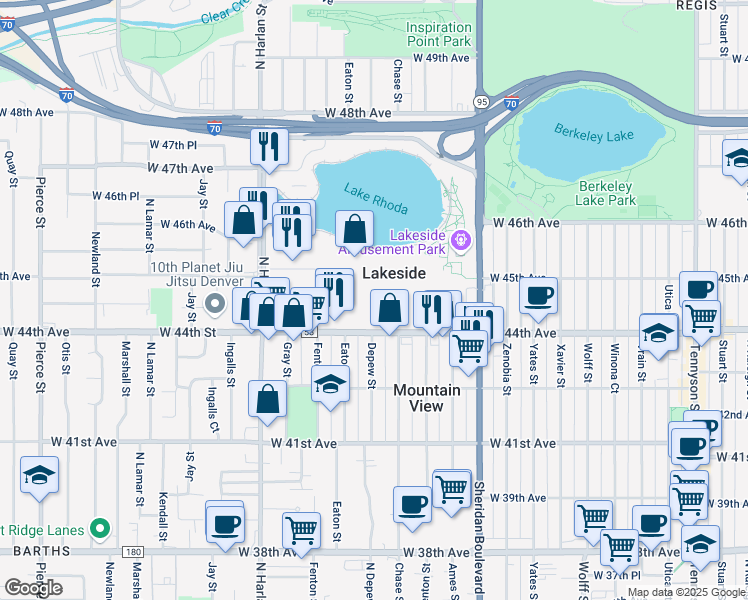 map of restaurants, bars, coffee shops, grocery stores, and more near 5651 West 44th Avenue in Denver
