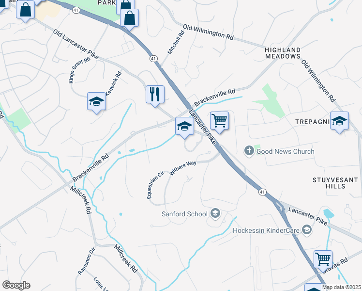 map of restaurants, bars, coffee shops, grocery stores, and more near 1000 Old Lancaster Pike in Hockessin