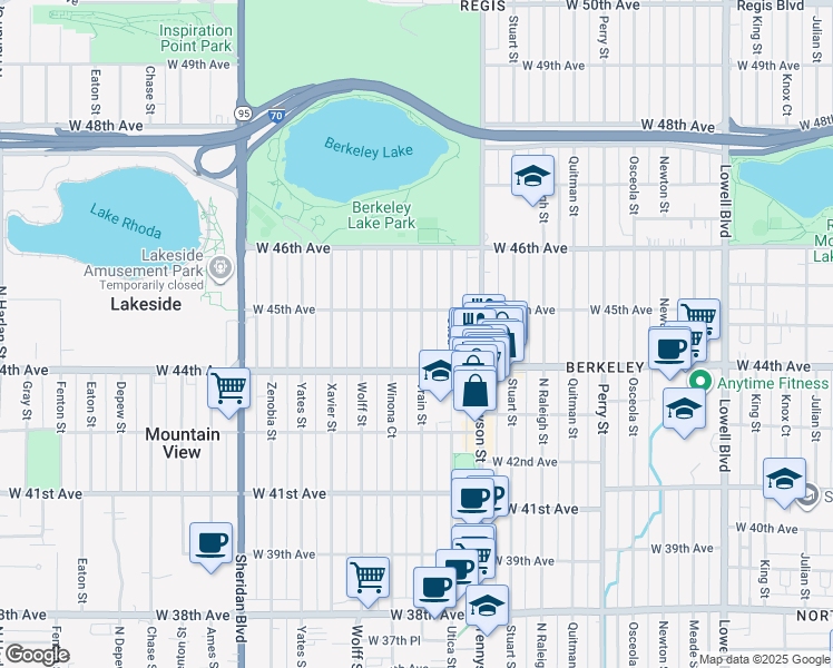 map of restaurants, bars, coffee shops, grocery stores, and more near 4421 Vrain Street in Denver