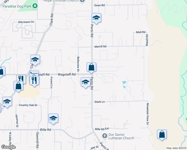 map of restaurants, bars, coffee shops, grocery stores, and more near 6638 Pentz Road in Paradise