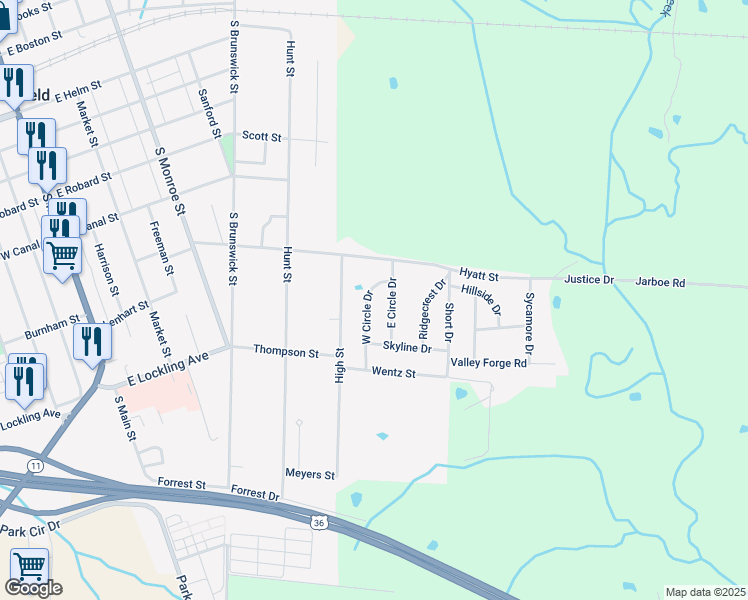 map of restaurants, bars, coffee shops, grocery stores, and more near 101-199 West Circle Drive in Brookfield