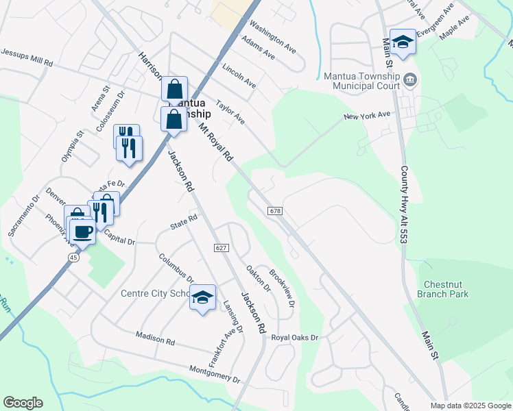 map of restaurants, bars, coffee shops, grocery stores, and more near 36 Woodbrook Drive in Mantua Township