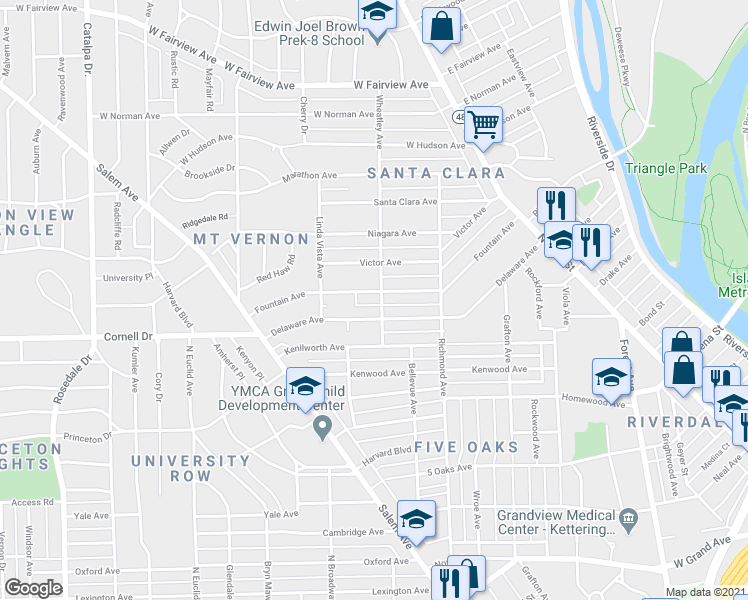 map of restaurants, bars, coffee shops, grocery stores, and more near 364 Delaware Avenue in Dayton