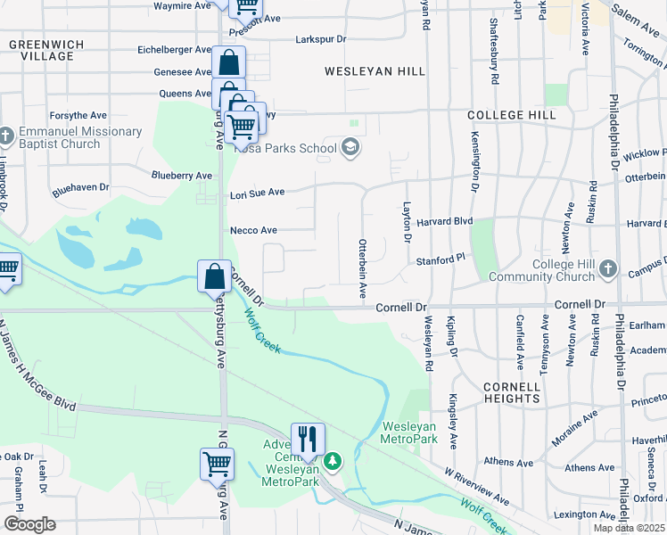 map of restaurants, bars, coffee shops, grocery stores, and more near 3630 Stanford Place in Dayton
