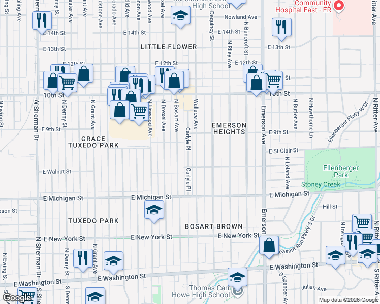 map of restaurants, bars, coffee shops, grocery stores, and more near 709 Carlyle Place in Indianapolis