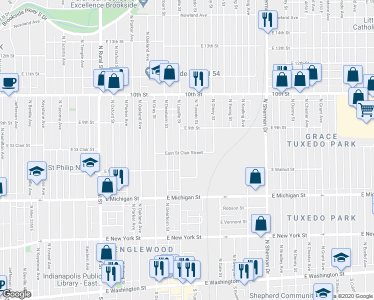 map of restaurants, bars, coffee shops, grocery stores, and more near in Indianapolis