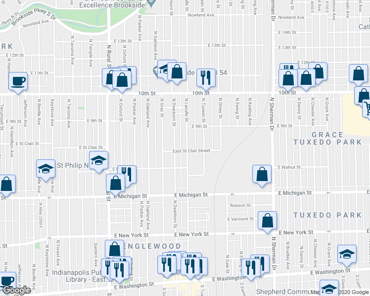 map of restaurants, bars, coffee shops, grocery stores, and more near 627 North Dearborn Street in Indianapolis