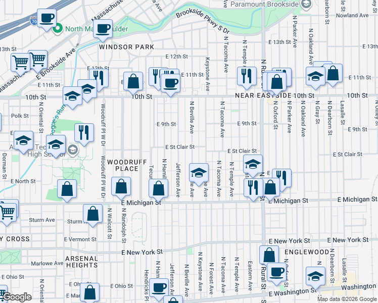 map of restaurants, bars, coffee shops, grocery stores, and more near 623 North Beville Avenue in Indianapolis
