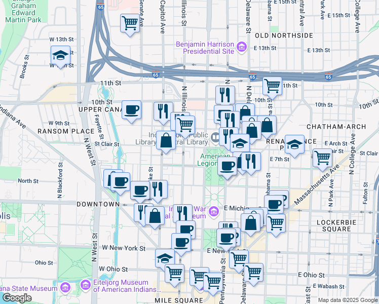 map of restaurants, bars, coffee shops, grocery stores, and more near 710 North Meridian Street in Indianapolis