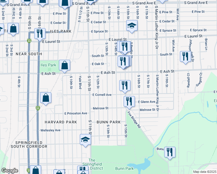 map of restaurants, bars, coffee shops, grocery stores, and more near 1201-1299 E Cornell Ave in Springfield