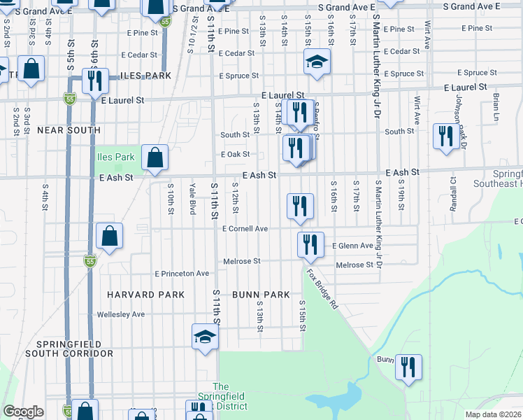 map of restaurants, bars, coffee shops, grocery stores, and more near 1201-1299 E Cornell Ave in Springfield