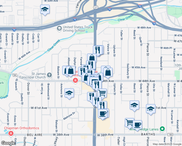 map of restaurants, bars, coffee shops, grocery stores, and more near 4401 Wadsworth Boulevard in Wheat Ridge
