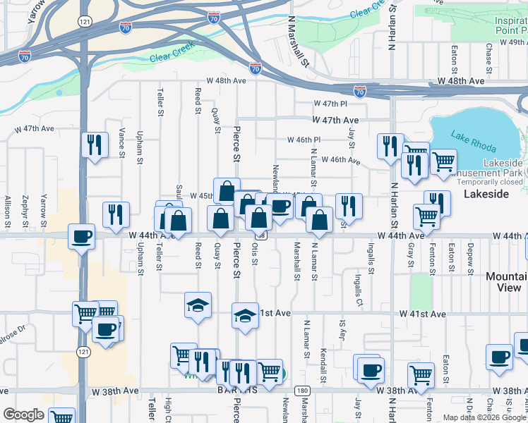 map of restaurants, bars, coffee shops, grocery stores, and more near 6551 West 44th Avenue in Wheat Ridge