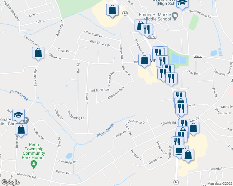 map of restaurants, bars, coffee shops, grocery stores, and more near Alabaster Run in Parkville