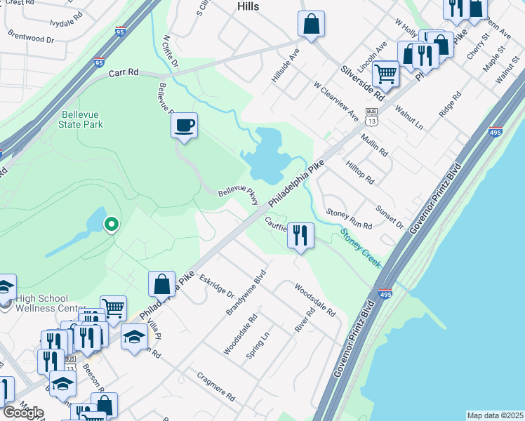 map of restaurants, bars, coffee shops, grocery stores, and more near in Wilmington