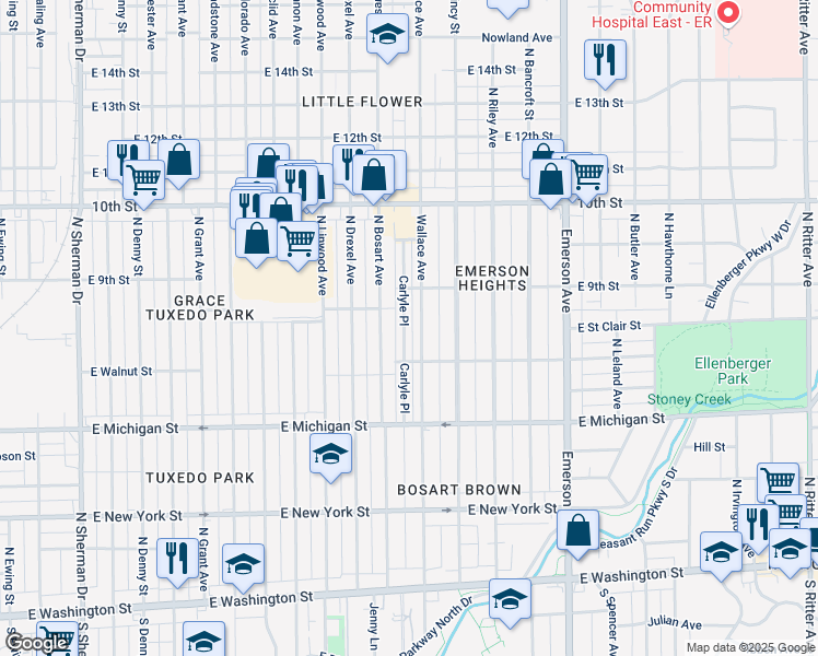 map of restaurants, bars, coffee shops, grocery stores, and more near 709 Carlyle Place in Indianapolis