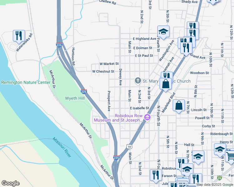 map of restaurants, bars, coffee shops, grocery stores, and more near 217 West Rosine Street in Saint Joseph