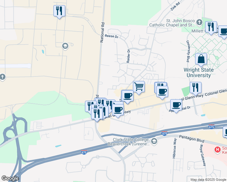 map of restaurants, bars, coffee shops, grocery stores, and more near 3949 Laurel Drive in Beavercreek