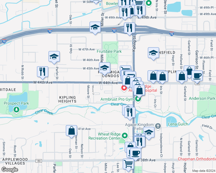 map of restaurants, bars, coffee shops, grocery stores, and more near 10320 West 44th Avenue in Wheat Ridge