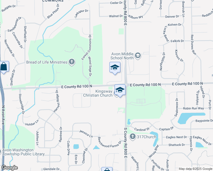 map of restaurants, bars, coffee shops, grocery stores, and more near 7866 East County Road 100 North in Avon