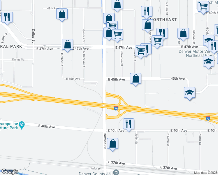 map of restaurants, bars, coffee shops, grocery stores, and more near 4444 Havana Street in Denver