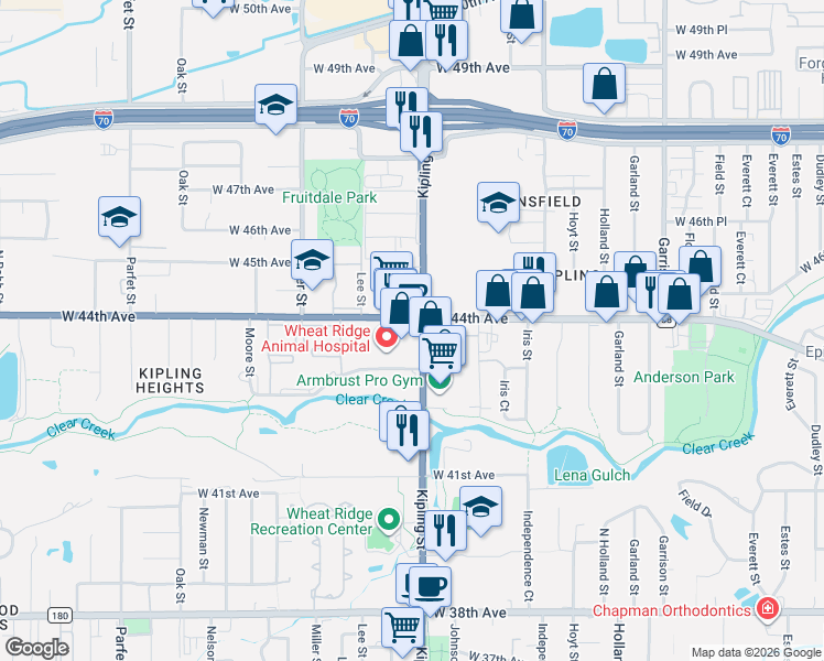 map of restaurants, bars, coffee shops, grocery stores, and more near 10000 West 44th Avenue in Wheat Ridge