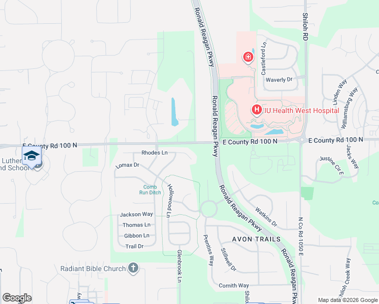 map of restaurants, bars, coffee shops, grocery stores, and more near 9990 East County Road 100 North in Avon