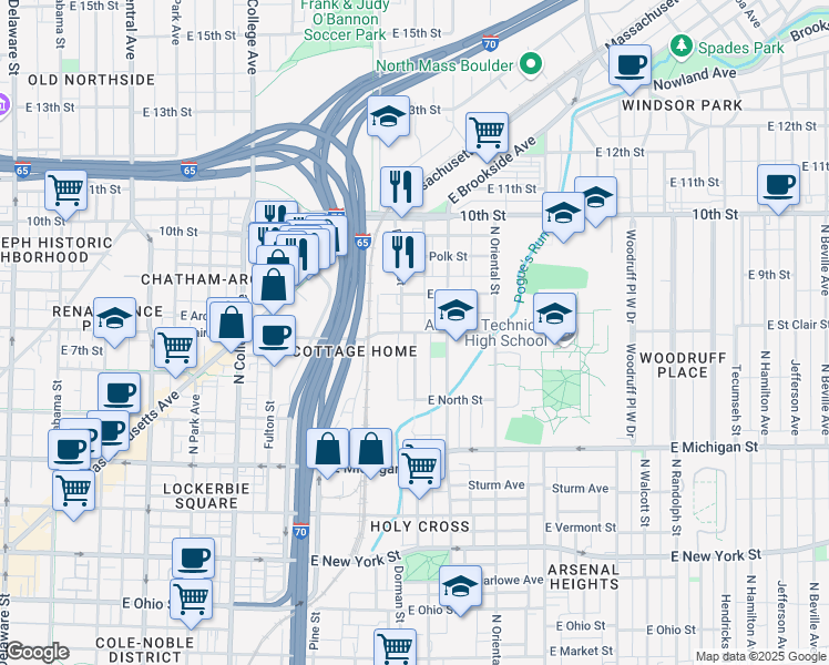 map of restaurants, bars, coffee shops, grocery stores, and more near East Saint Clair Street & Dorman Street in Indianapolis
