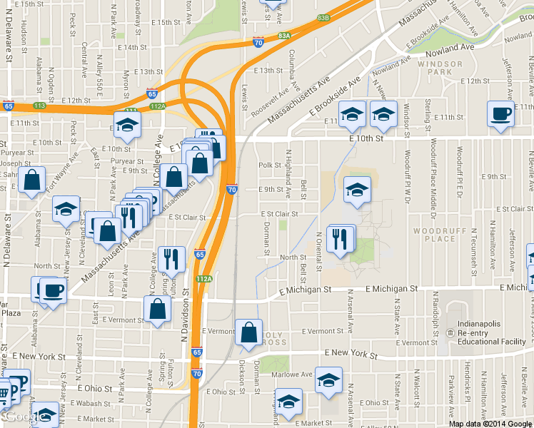 map of restaurants, bars, coffee shops, grocery stores, and more near East Saint Clair Street & Dorman Street in Indianapolis